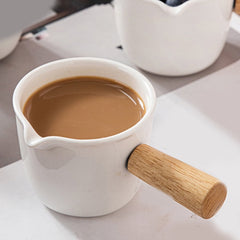 2Pcs Milk Frothing Cup, White Ceramic Creamer Pitcher with Wooden Handle for Coffee Milk Dispensing
