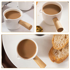 2Pcs Milk Frothing Cup, White Ceramic Creamer Pitcher with Wooden Handle for Coffee Milk Dispensing