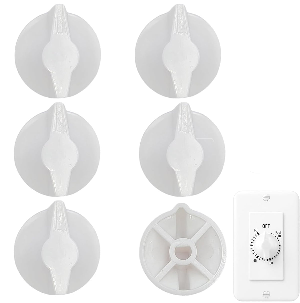 6 Pack Timer Switch Knobs, D Type Replacement Knobs for Spring Wound Wall Fans, Motors, Heaters and Lights, White