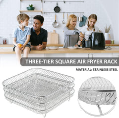 Stainless Steel 3 Tier Air Fryer Rack with Clip and 8 Silicone Feet, Square Stackable