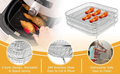 Stainless Steel 3 Tier Air Fryer Rack with Clip and 8 Silicone Feet, Square Stackable