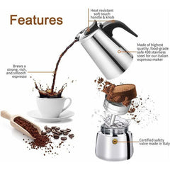 Italian Coffee Maker, 2 Cup Stainless Steel Compatible with All Stovetops, 100 ml