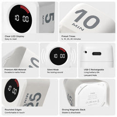 Silent Digital Kitchen Timer Cube Rechargeable USB-C Countdown Timer with 5 10 25 45 Minute Presets for Study and Time Management, 5x5x3.8 cm