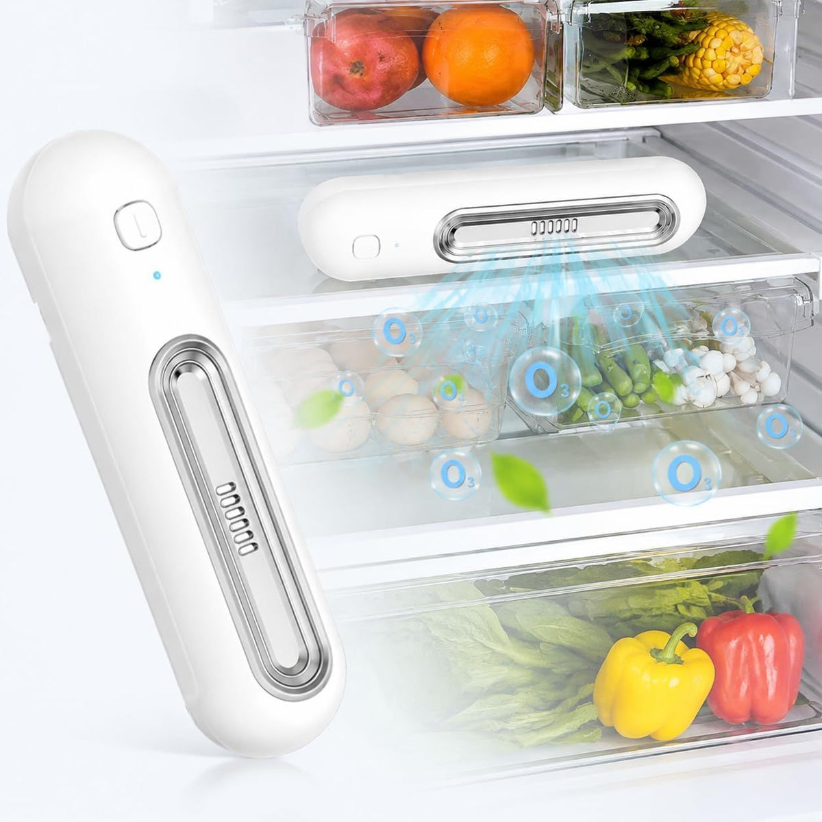 Rechargeable Fridge Deodorizer, O3 Air Purifier with 2 Modes, Fridge Odor Eliminator, Quiet Smell Remover, 30 Days Fresh Mode, Reusable