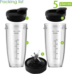 Blender Replacement Parts for Ninja, 24oz Ninja Blender Cups with To-Go Lids, 7 Fins Extractor Blade, Compatible with Nutri Ninja Auto iQ Blenders BL2012 BN801 BL480-30 BL640-30 BL642-30 NN100-30