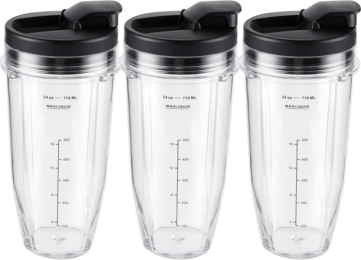 Ninja Blender Cups Replacement 24oz – Compatible with Ninja BN401, BL450, BL456, BL480, BL2012, BN751, BN801, SS101, SS151 – 3 Pack with To-Go Lids