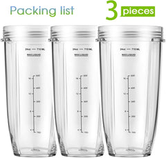 3-Pack 24oz Ninja Blender Cups, Blender Replacement Parts Compatible with Ninja Auto-iQ Series Blenders BL480 BL481 BL482 BL640 BL682 BL2012 BN801