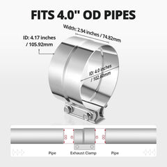 4.0'' Exhaust Clamp, Lap Joint Band Clamp Stainless Steel for Pipes, Mufflers, Catalytic Converters (1PCS, 4.0 inch)