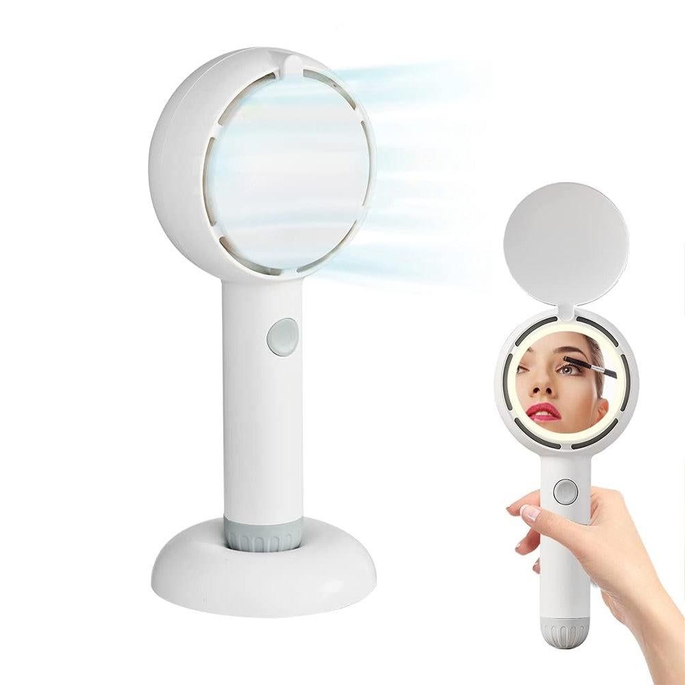 Mini Handheld Fan with LED Light Makeup Mirror Rechargeable Portable Fan White