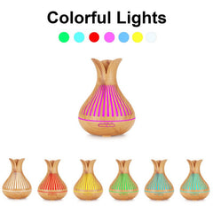 Wood Grain Flower Vase Diffuser and Humidifier, 7-Color LED Light, Timer, and Remote Control, 500 mL Ultrasonic Aroma Diffuser—Dark Wood