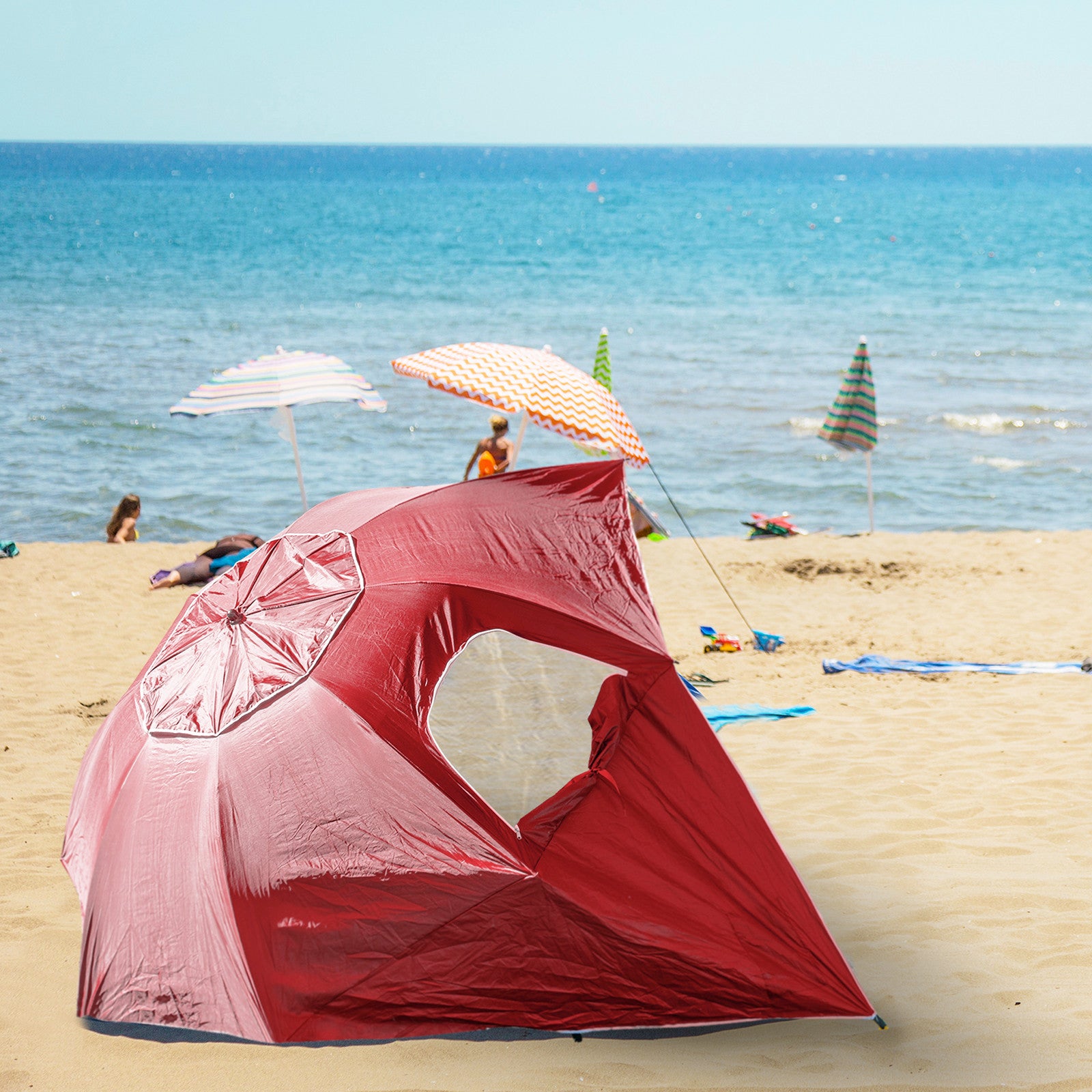 Havana Outdoors Beach Umbrella 2.4M Outdoor Garden Beach Portable Shade Shelter - Red-NT_Rural