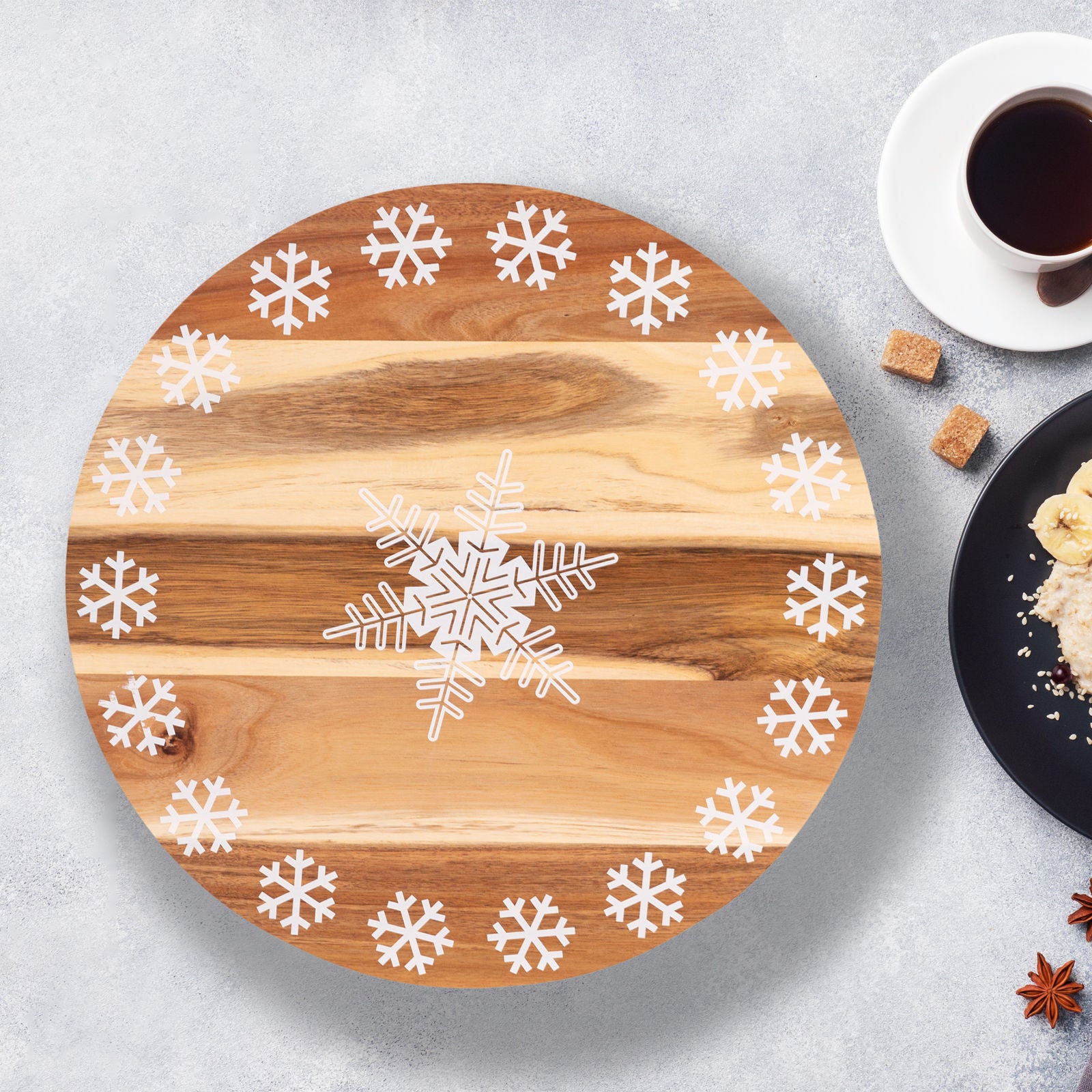 Bread and Butter 18 Inch Print Wooden Lazy Susan Tray - White Snowflake-QLD_Rural