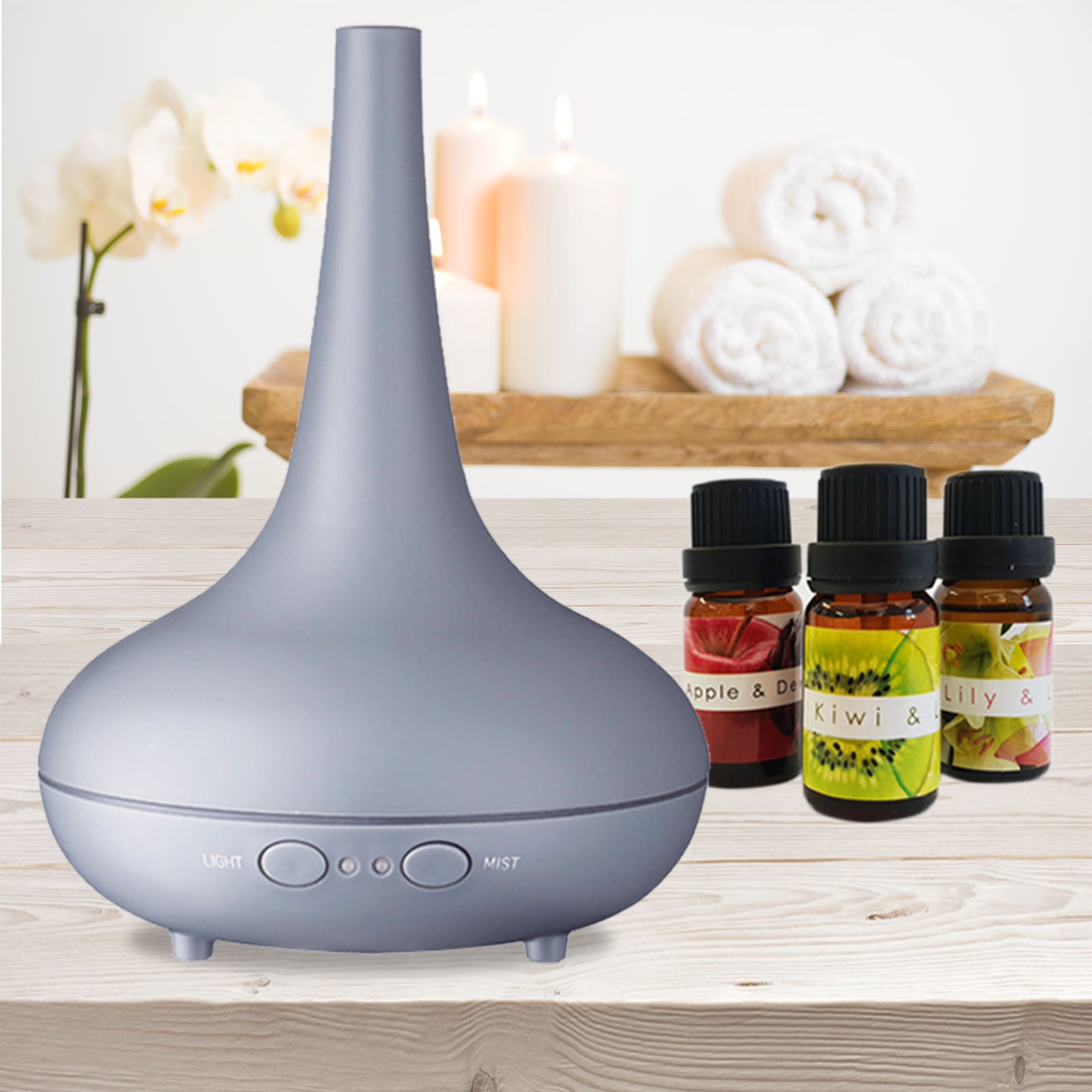 Essential Oil Diffuser Ultrasonic Humidifier Aromatherapy LED Light 200ML 3 Oils - Matte Grey