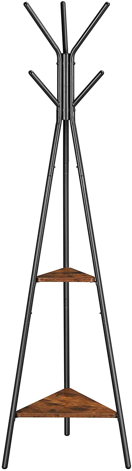 Black Coat Rack Stand Industrial Style 2 Shelves Clothes