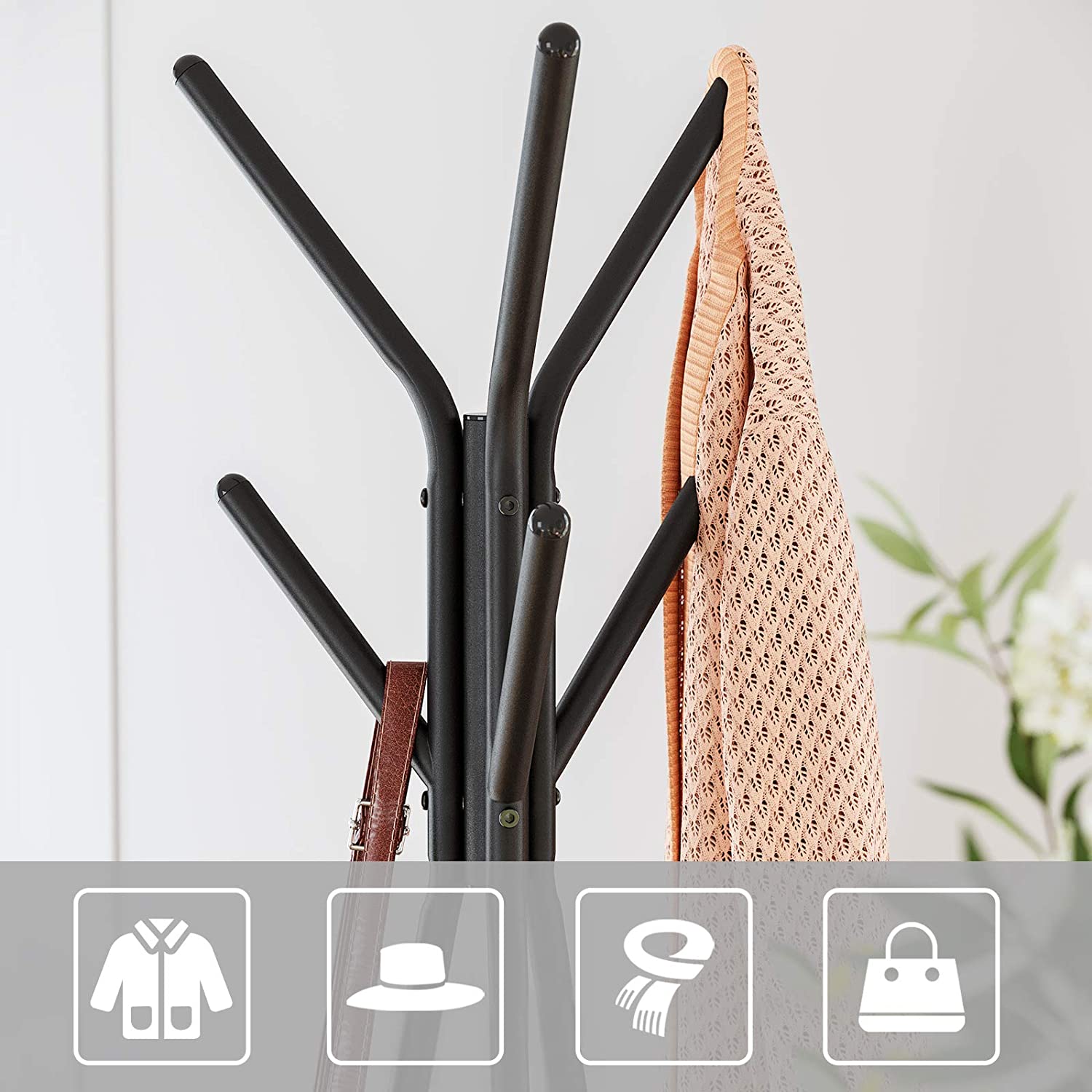 Black Coat Rack Stand Industrial Style 2 Shelves Clothes