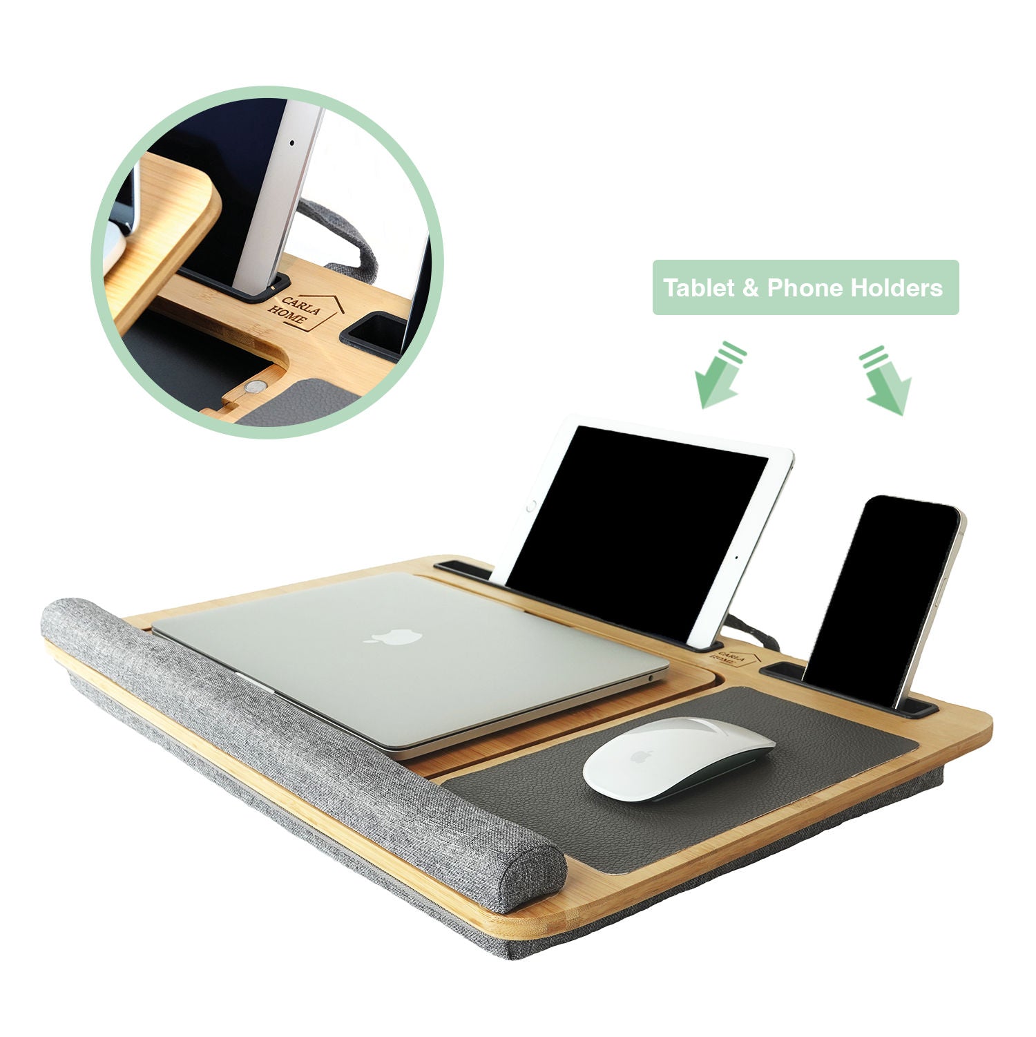 CARLA HOME Bamboo Laptop Lap Desk with Cushion and Angle Adjustable for Office and Home