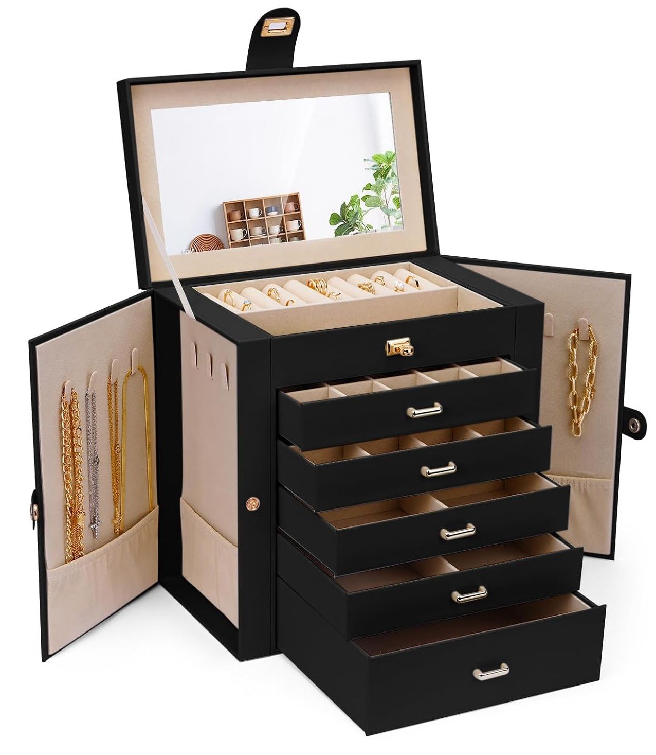 CARLA HOME 6-Layer Large Jewelry Box for Women withDrawers, Mirror, Lock, Necklace Hooks & Side Compartments for Rings, Earrings, Bracelets, Gifts (Black)