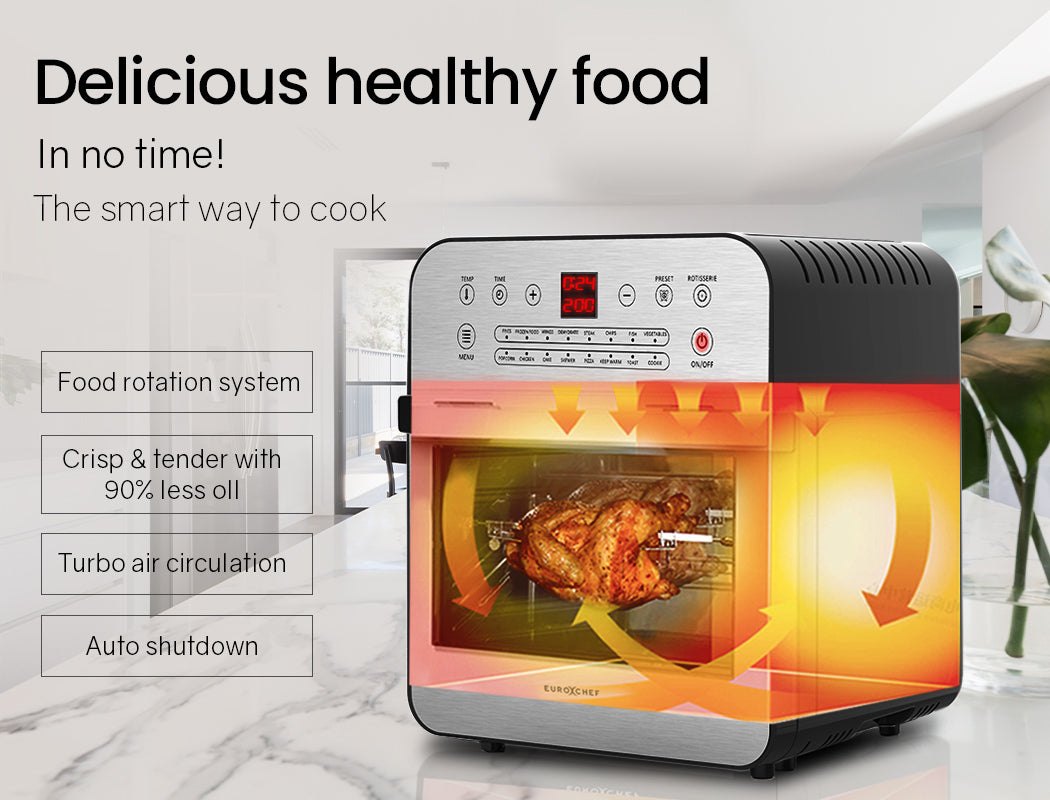 EUROCHEF 16L Digital Air Fryer Electric Airfryer Rotisserie Large Big Dry Cooker, Silver-ACT