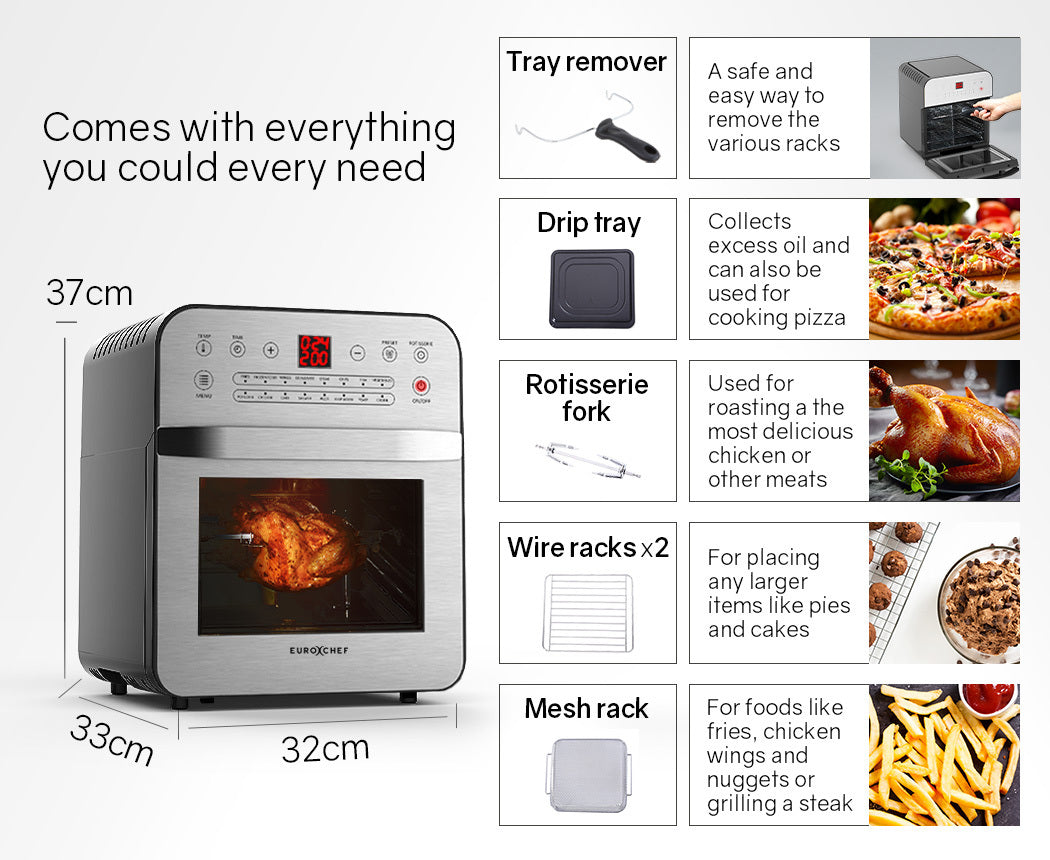 EUROCHEF 16L Digital Air Fryer Electric Airfryer Rotisserie Large Big Dry Cooker, Silver-ACT