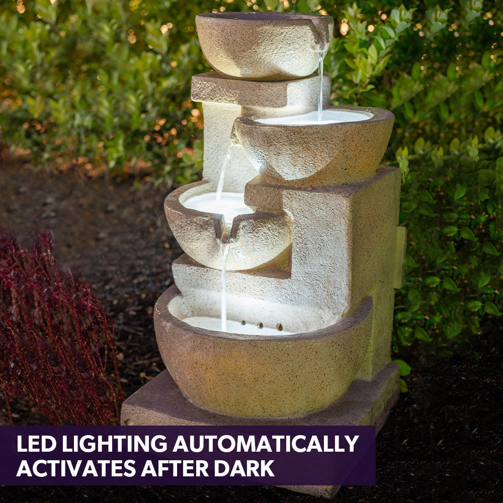 PROTEGE Solar Fountain Water Feature Outdoor 4 Bowl with LED Lights - Sand Colour-NSW_Metro