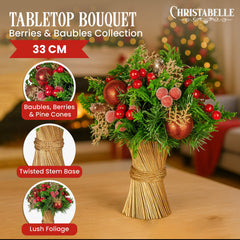 Christabelle 33cm Christmas Bouquet Pre-Decorated Holiday Floral Arrangement with Berries, Baubles & Pine Cones Festive Tabletop Centrepiece Decoration