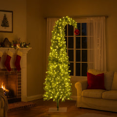 Christabelle 7.5ft Christmas Gremlin Tree Curved Top Red Bauble Built-in Green White LED Lights Control Base & Cord