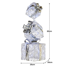 Christabelle 83cm Triple Christmas Silver Giftbox Stack Display with Lights