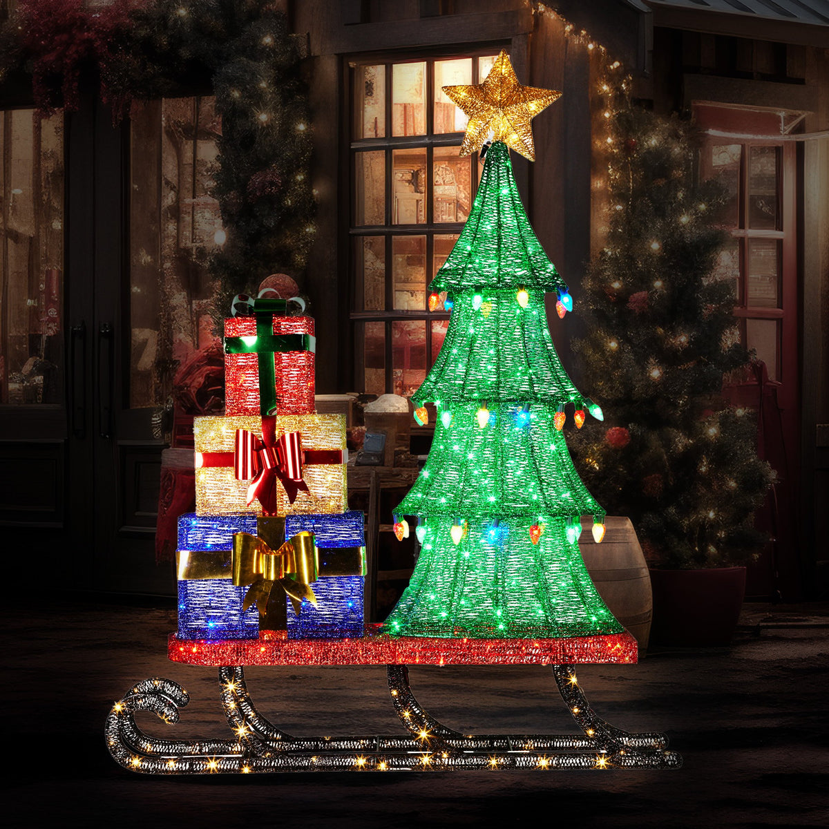 Christabelle Christmas Display Sled 183cm With Tree And Presents Led Lights & C9 Bulbs