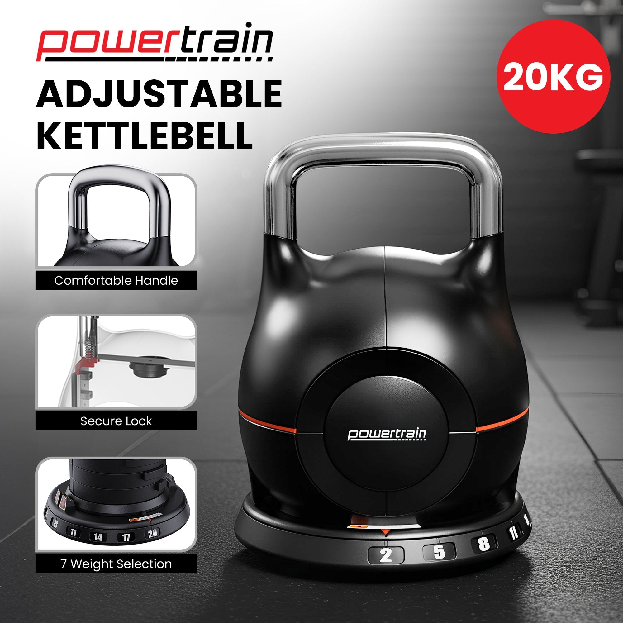 Powertrain Adjustable Kettlebell 20kg 7 in 1 Weight Selection Set w/Quick One Hand Adjustment Secure Locking System