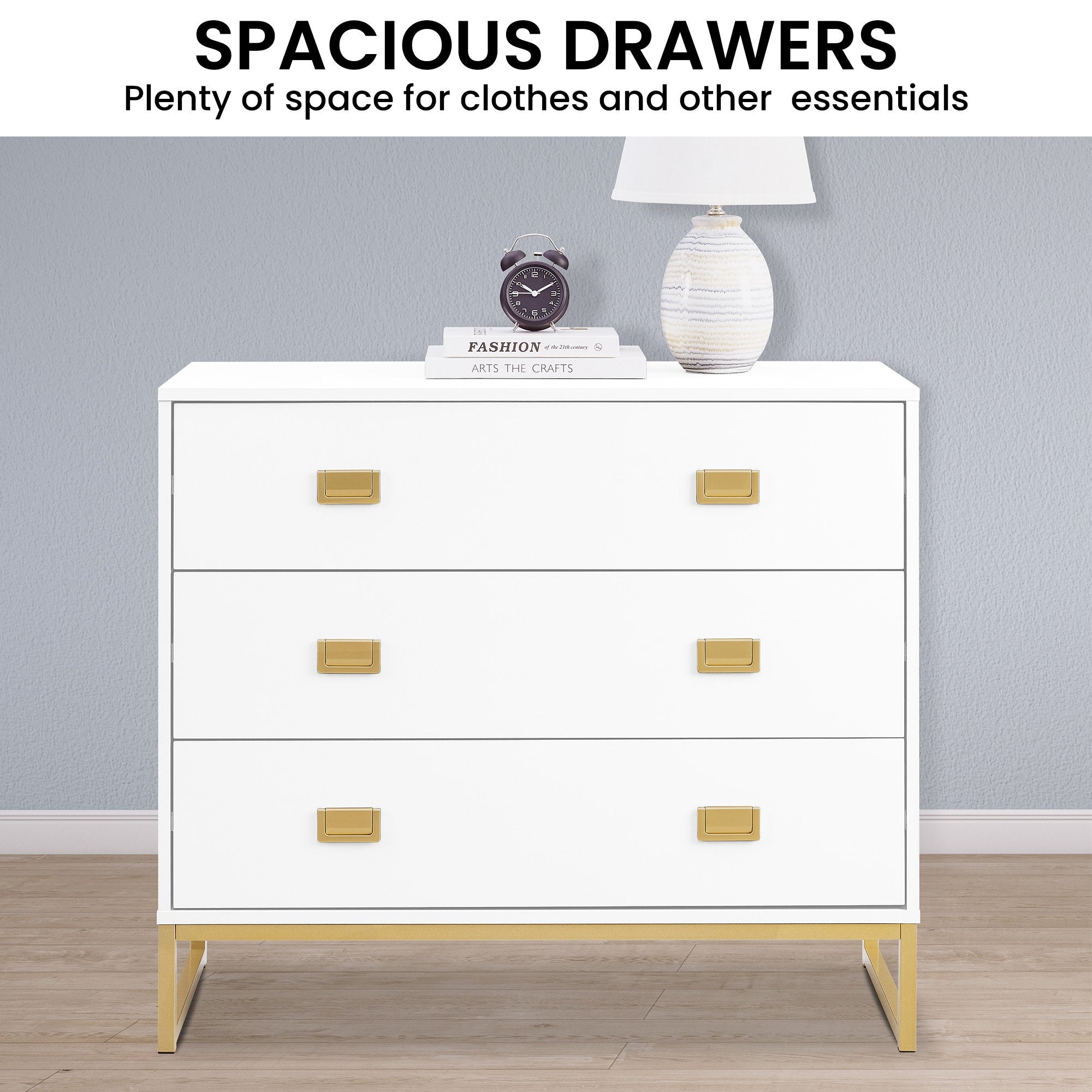 Sarantino Amara Chest of Drawers Tallboy Dresser in White/Gold