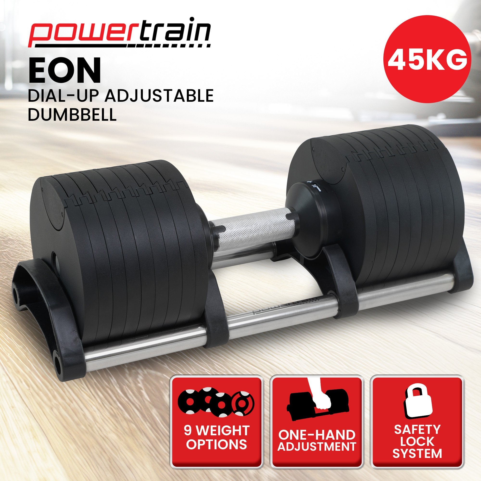Powertrain Eon 45kg Adjustable Dumbbell Home Gym 9 Strength Training Safety Lock System For Building & Fitness Workouts