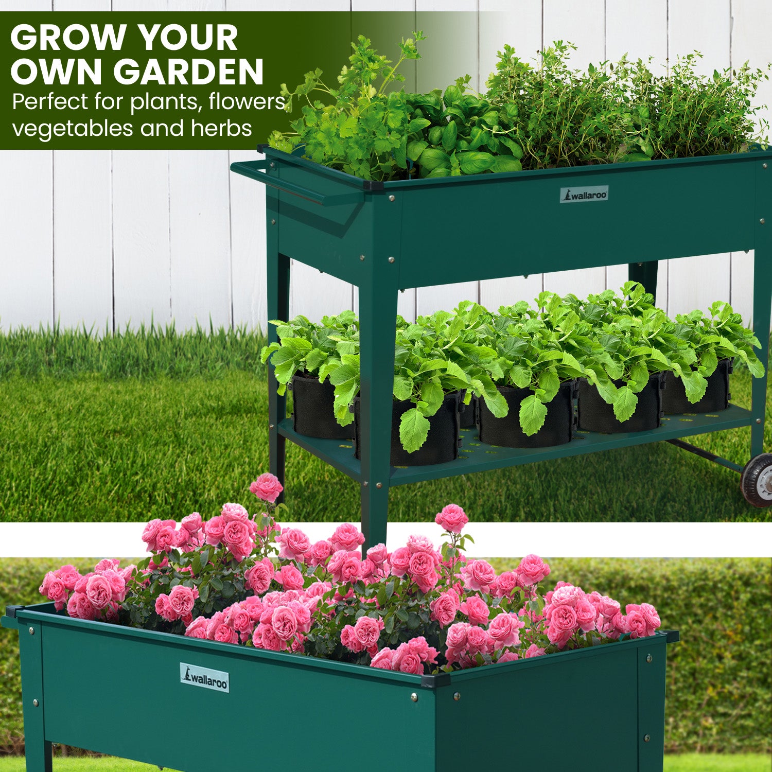 Wallaroo Garden Bed Cart Raised Planter Box 108.5 x 50.5 x 80cm Galvanized Steel - Green-SA_Rural