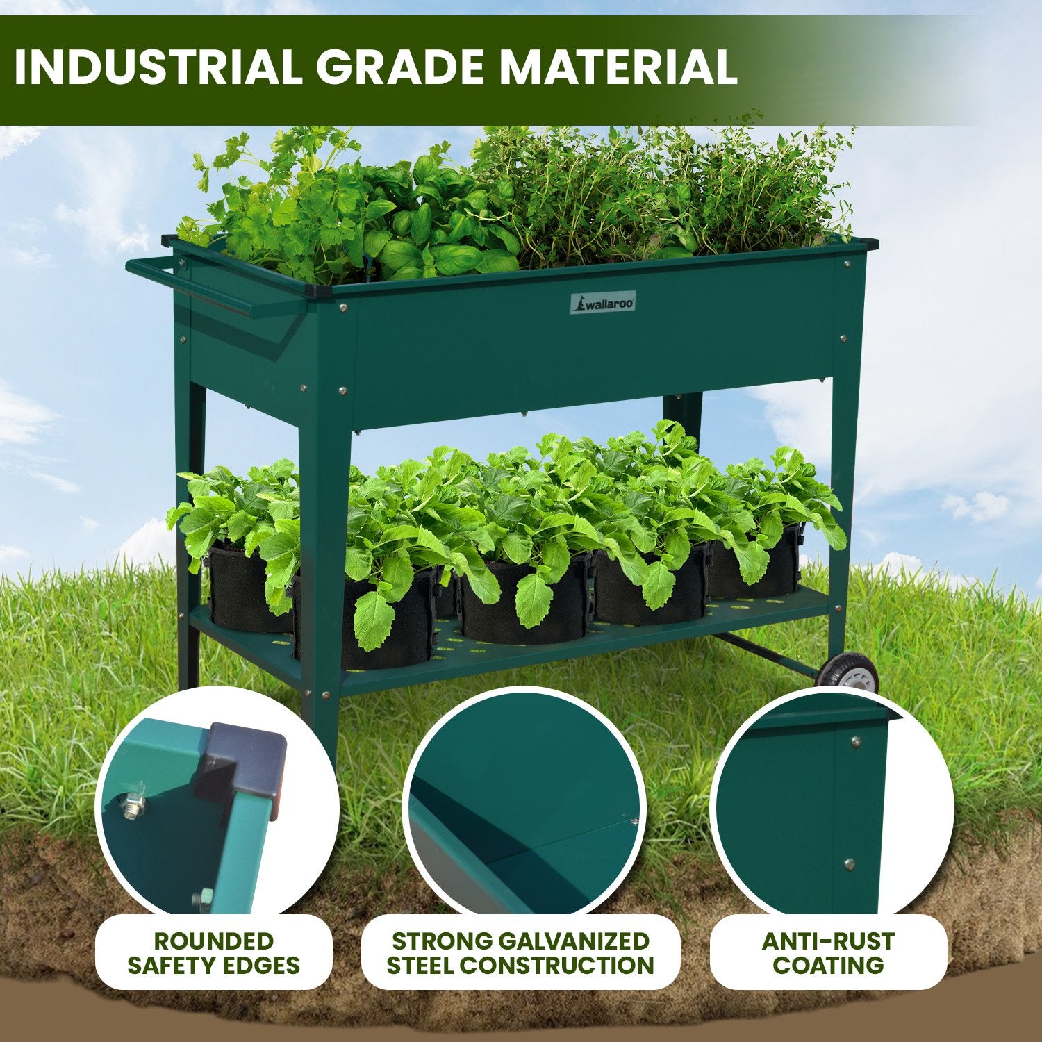 Wallaroo Garden Bed Cart Raised Planter Box 108.5 x 50.5 x 80cm Galvanized Steel - Green-REMOTE
