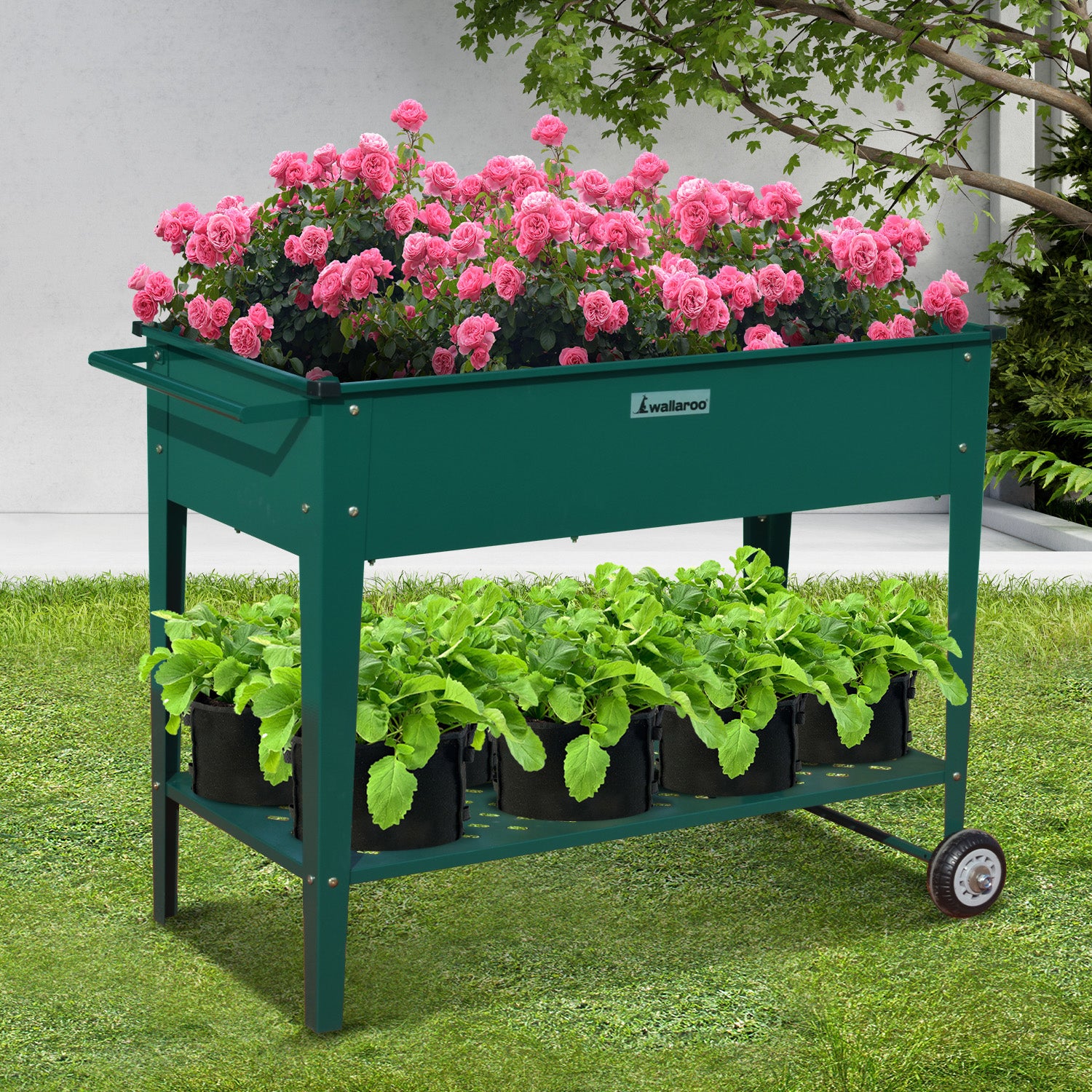 Wallaroo Garden Bed Cart Raised Planter Box 108.5 x 50.5 x 80cm Galvanized Steel - Green-REMOTE