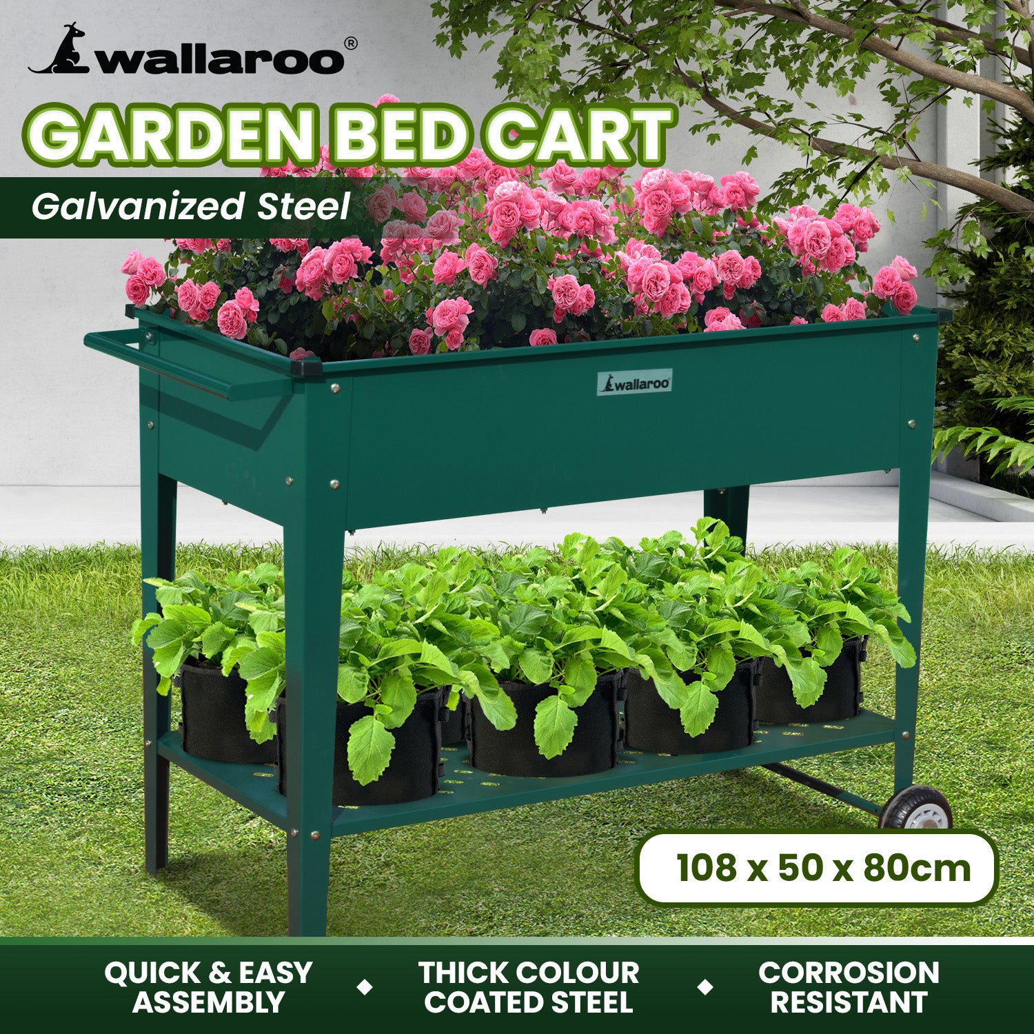Wallaroo Garden Bed Cart Raised Planter Box 108.5 x 50.5 x 80cm Galvanized Steel - Green-SA_Rural