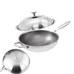 304 Stainless Steel 32cm Non-Stick Stir Fry Cooking Kitchen Wok Pan with Lid Honeycomb Single Sided-SA_Metro