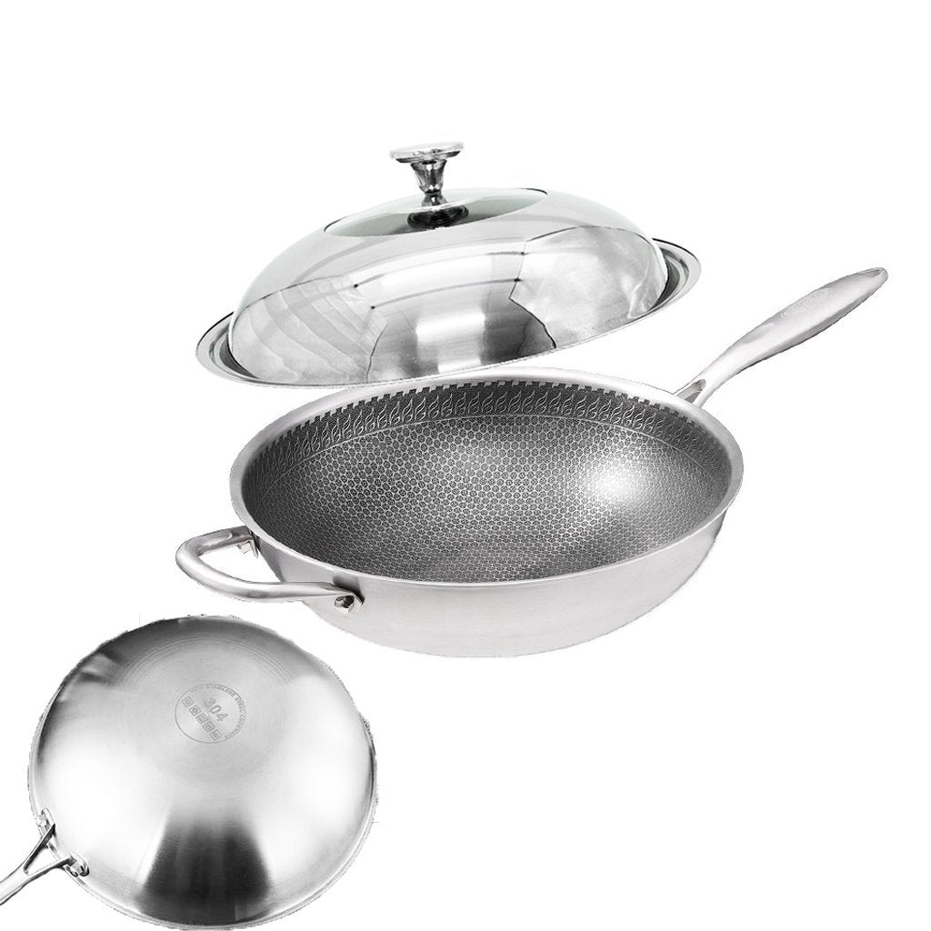 304 Stainless Steel 32cm Non-Stick Stir Fry Cooking Kitchen Wok Pan with Lid Honeycomb Single Sided-QLD_Rural