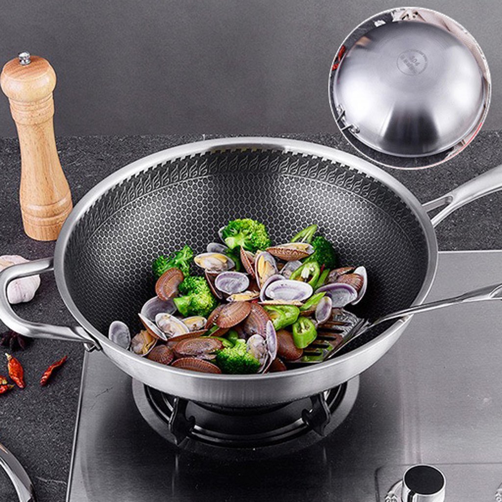 304 Stainless Steel 32cm Non-Stick Stir Fry Cooking Kitchen Wok Pan with Lid Honeycomb Single Sided-SA_Rural