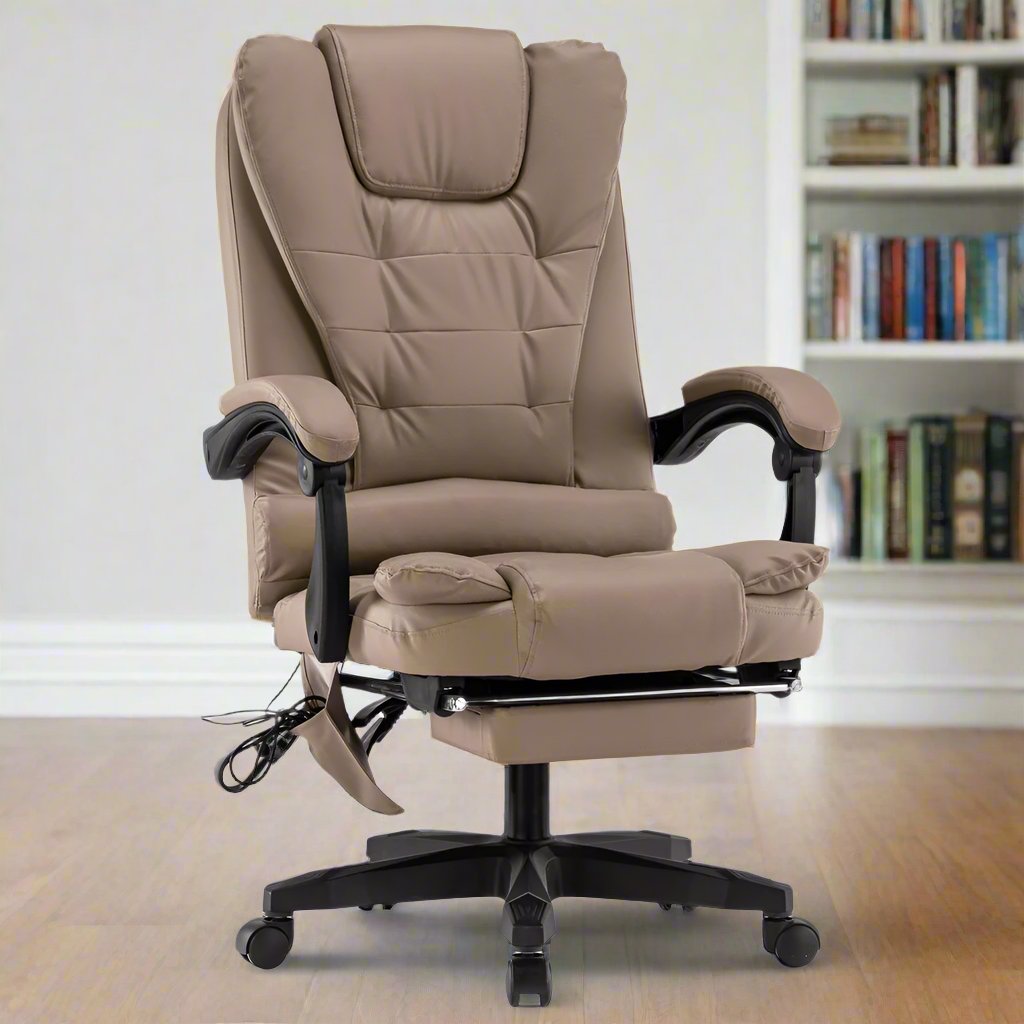 8 Point Massage Chair Executive Office Computer Seat Footrest Recliner Pu Leather Beige-ACT