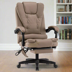 8 Point Massage Chair Executive Office Computer Seat Footrest Recliner Pu Leather Beige-REMOTE