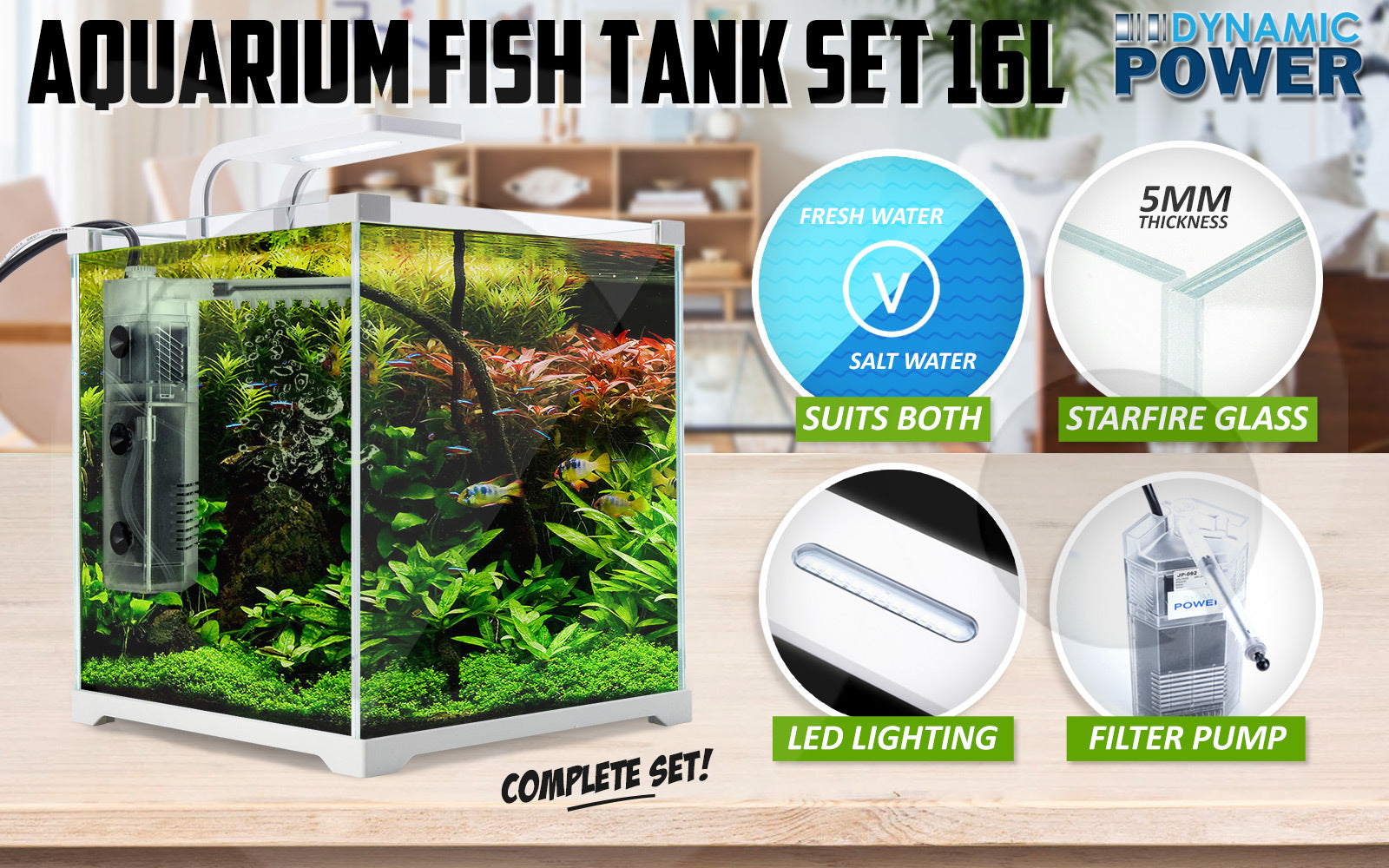 Aquarium Starfire Glass Fish Tank Set Filter Pump 16L-TAS_Metro