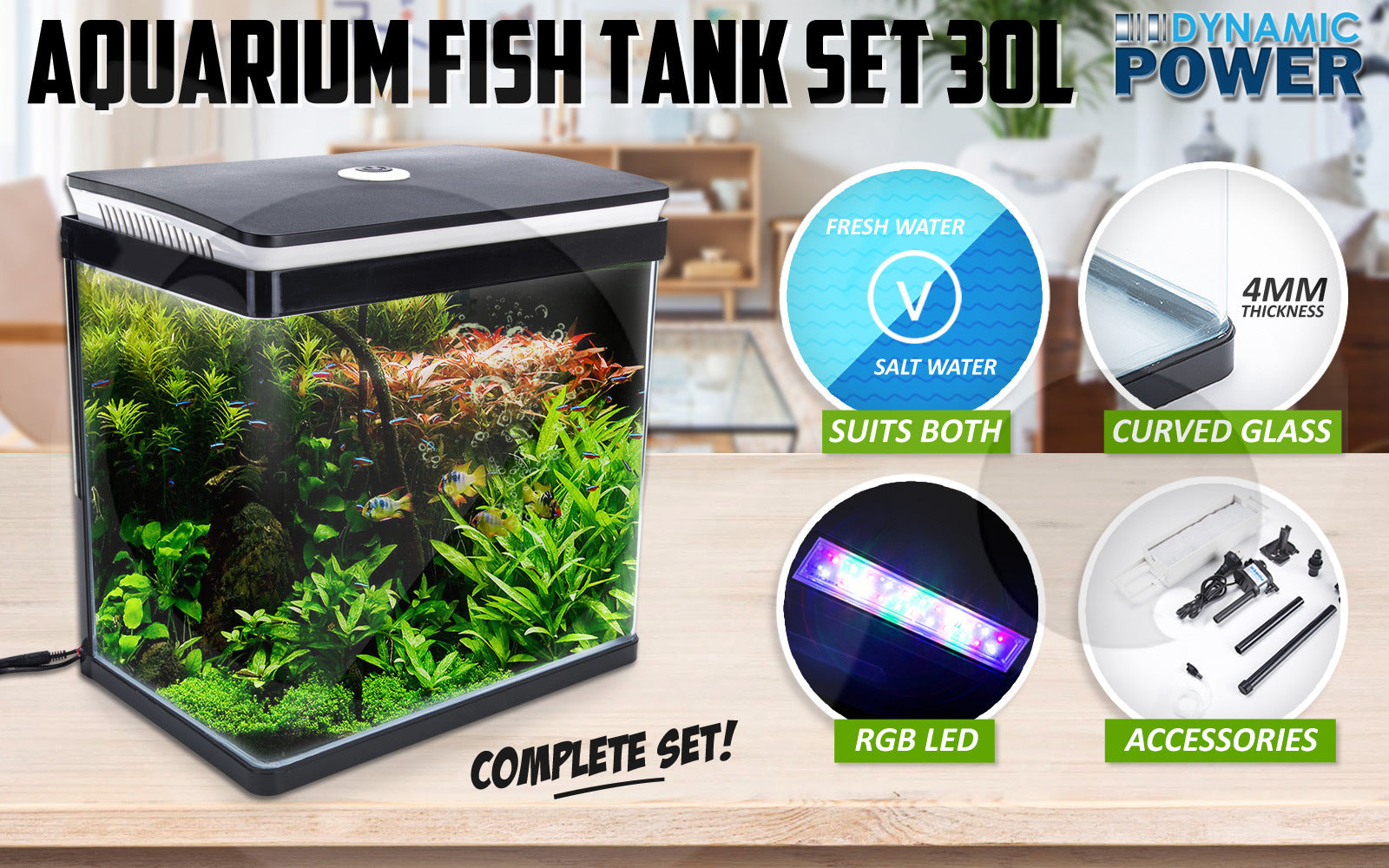 Aquarium Curved Glass RGB LED Fish Tank Set Filter Pump 30L-ACT