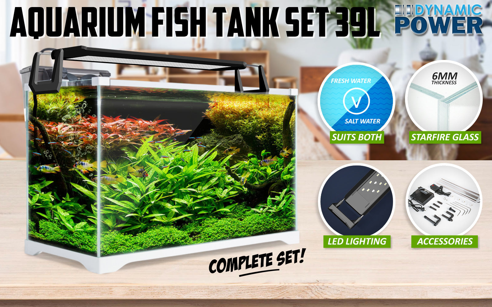 Aquarium Starfire Glass Fish Tank Set Filter Pump 39L-ACT