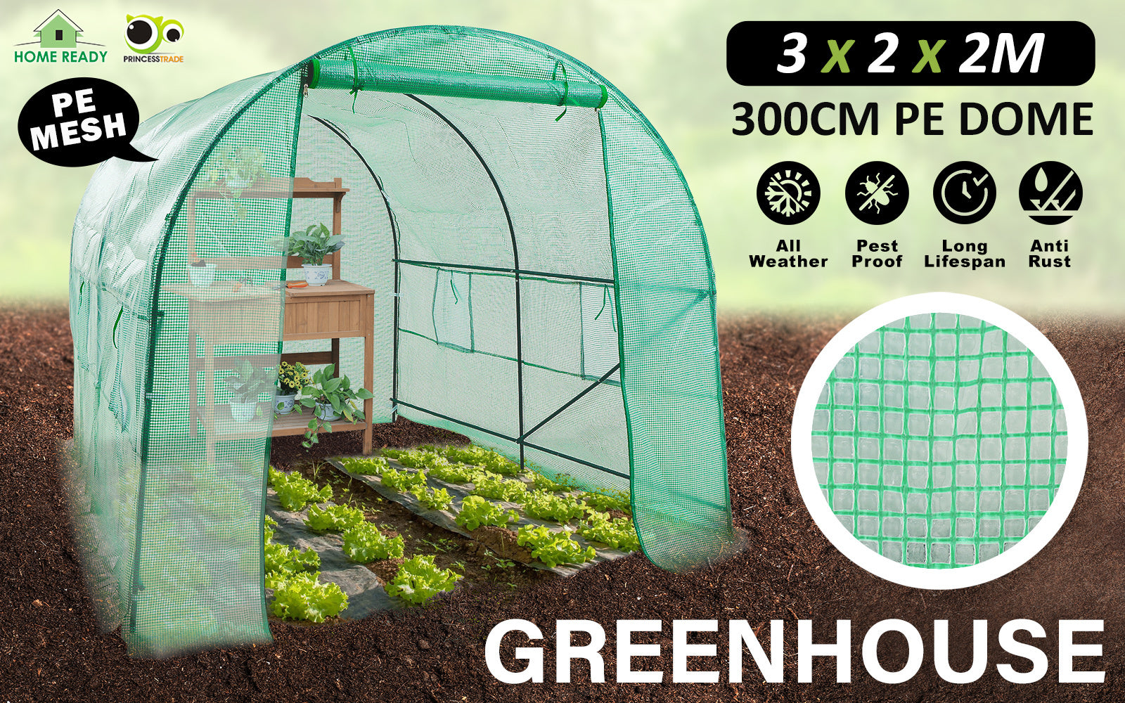 Greenhouse Walk-In Shed 3x2x2M PE Dome Tunnel Polytunnel-ACT