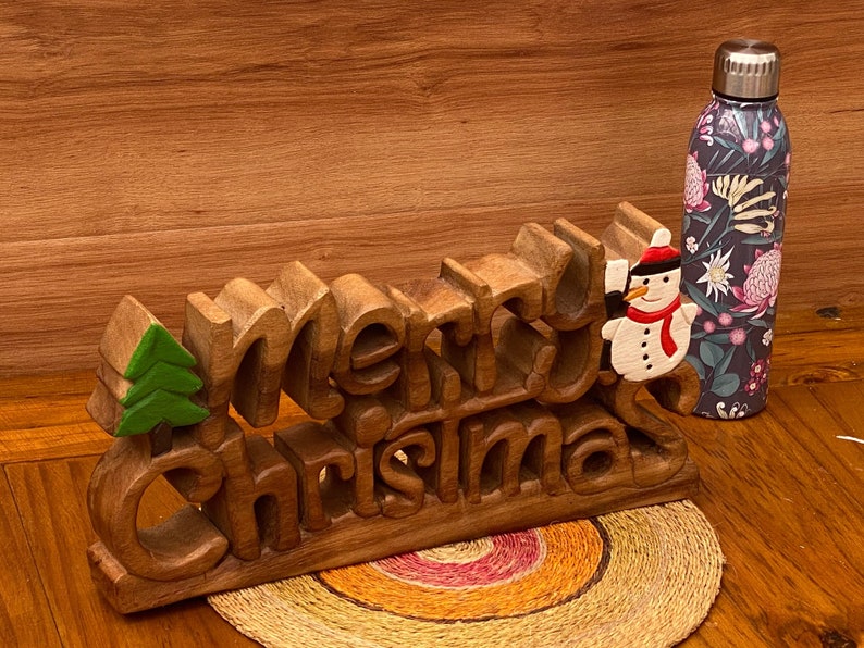 Wooden carved Merry Christmas decoration 38 cm long with Tree and Star-QLD_Metro