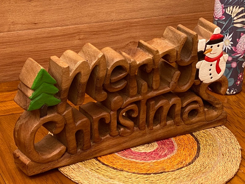 Wooden carved Merry Christmas decoration 38 cm long with Tree and Star-NSW_Rural