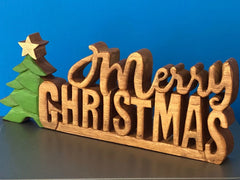 Wooden carved Merry Christmas decoration 38 cm long with Tree and Star-SA_Metro