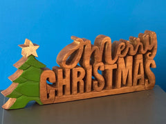 Wooden carved Merry Christmas decoration 38 cm long with Tree and Star-SA_Metro