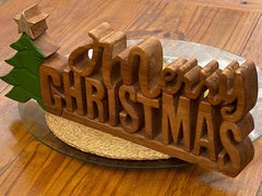 Wooden carved Merry Christmas decoration 38 cm long with Tree and Star-SA_Metro