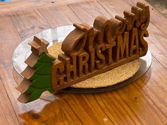 Wooden carved Merry Christmas decoration 38 cm long with Tree and Star-SA_Metro